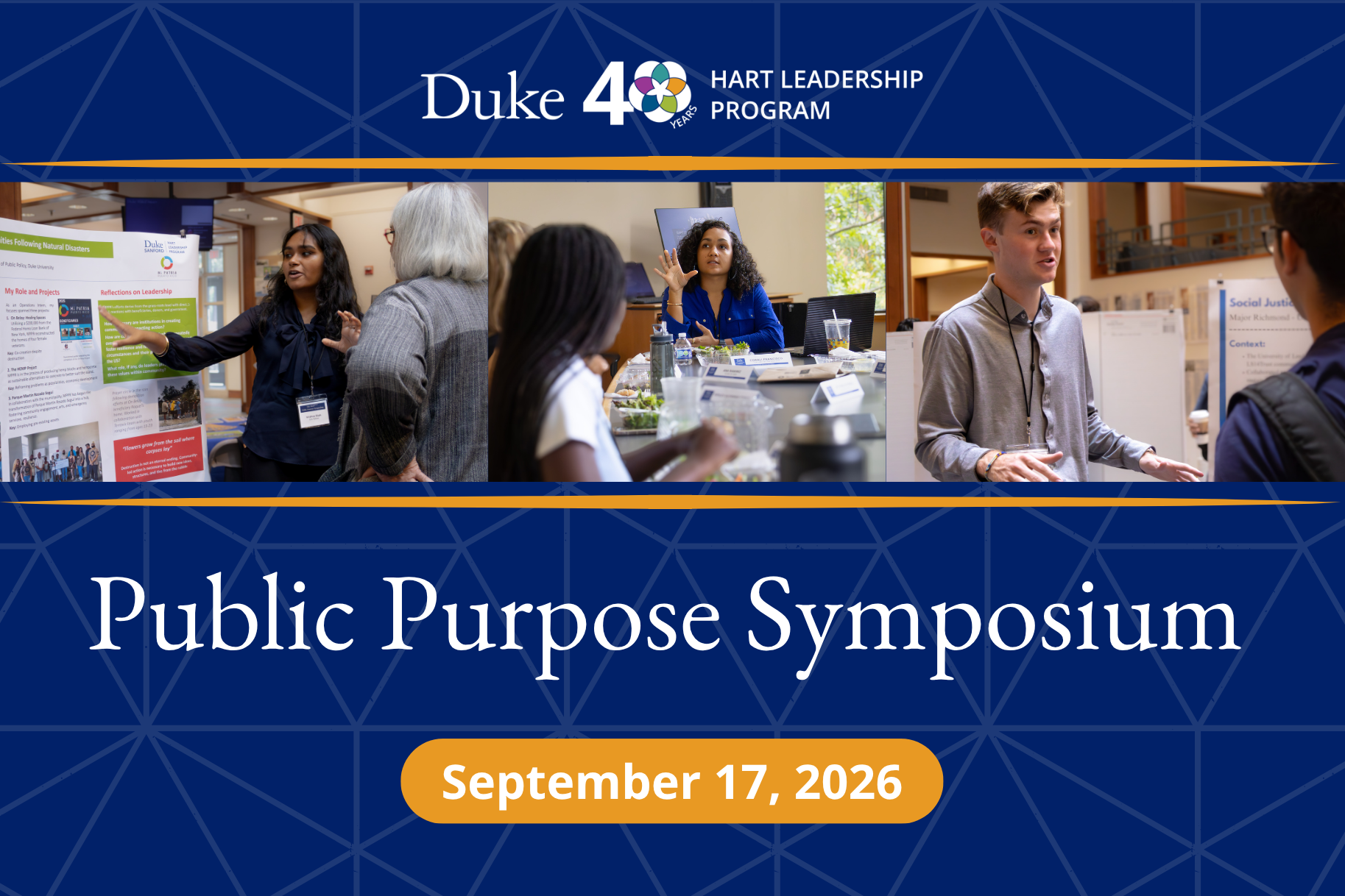 students presenting posters and speaking at a table during Public Purpose Symposium 2025, photos on a blue background with white text